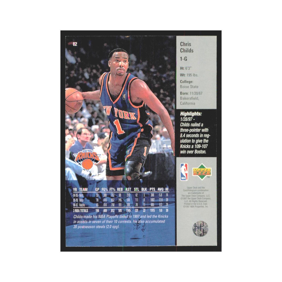 Chris Childs 1997 Upper Deck #82 New York Knicks Basketball Card NM