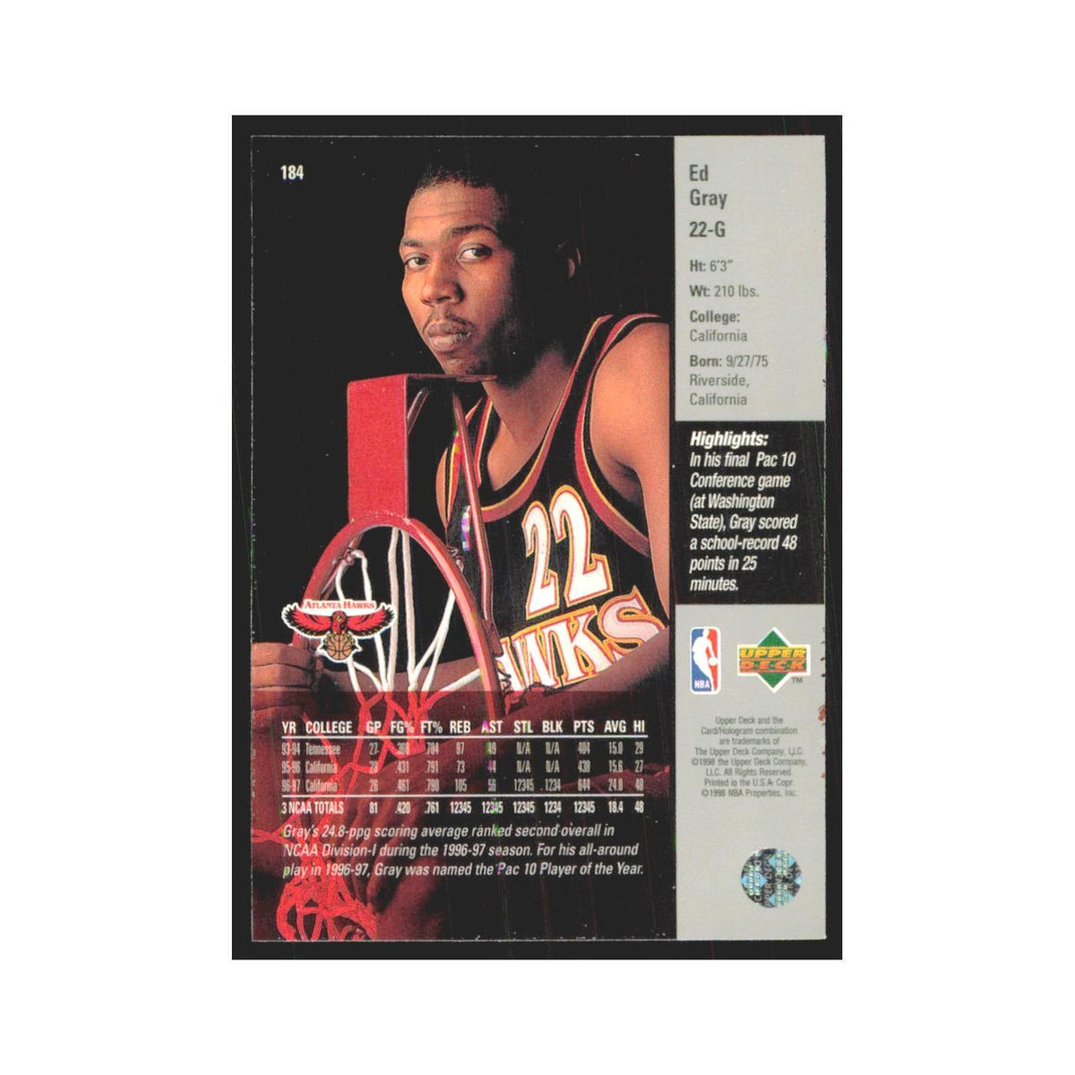 Ed Gray 1997 Upper Deck #184 Atlanta Hawks Basketball Card NM