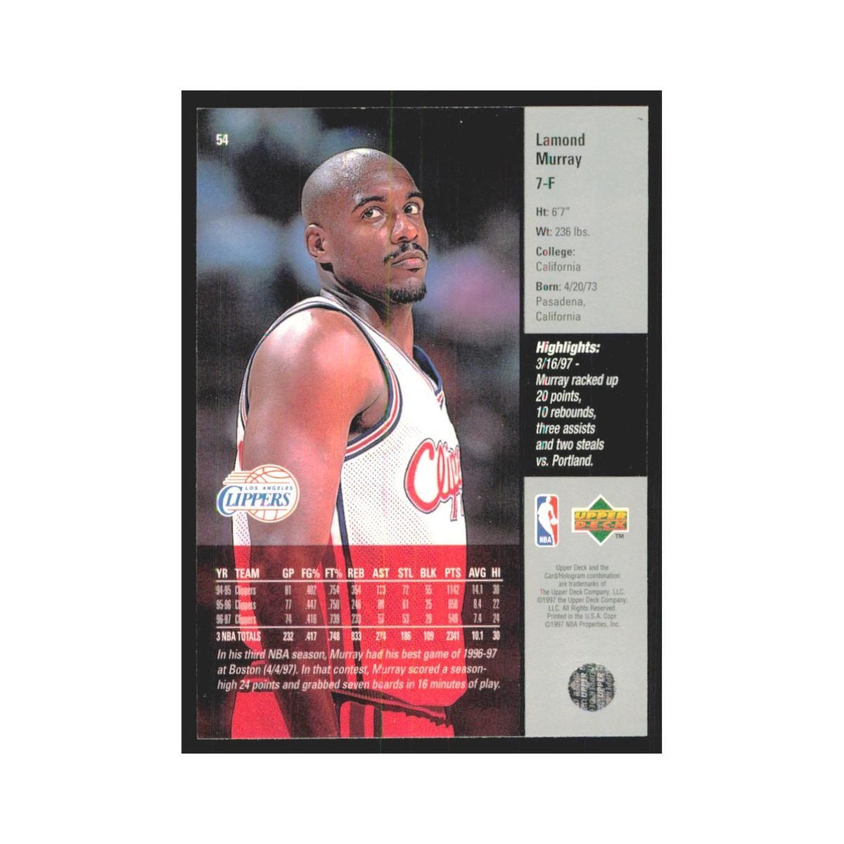 Lamond Murray 1997 Upper Deck #54 Los Angeles Clippers Basketball Card NM