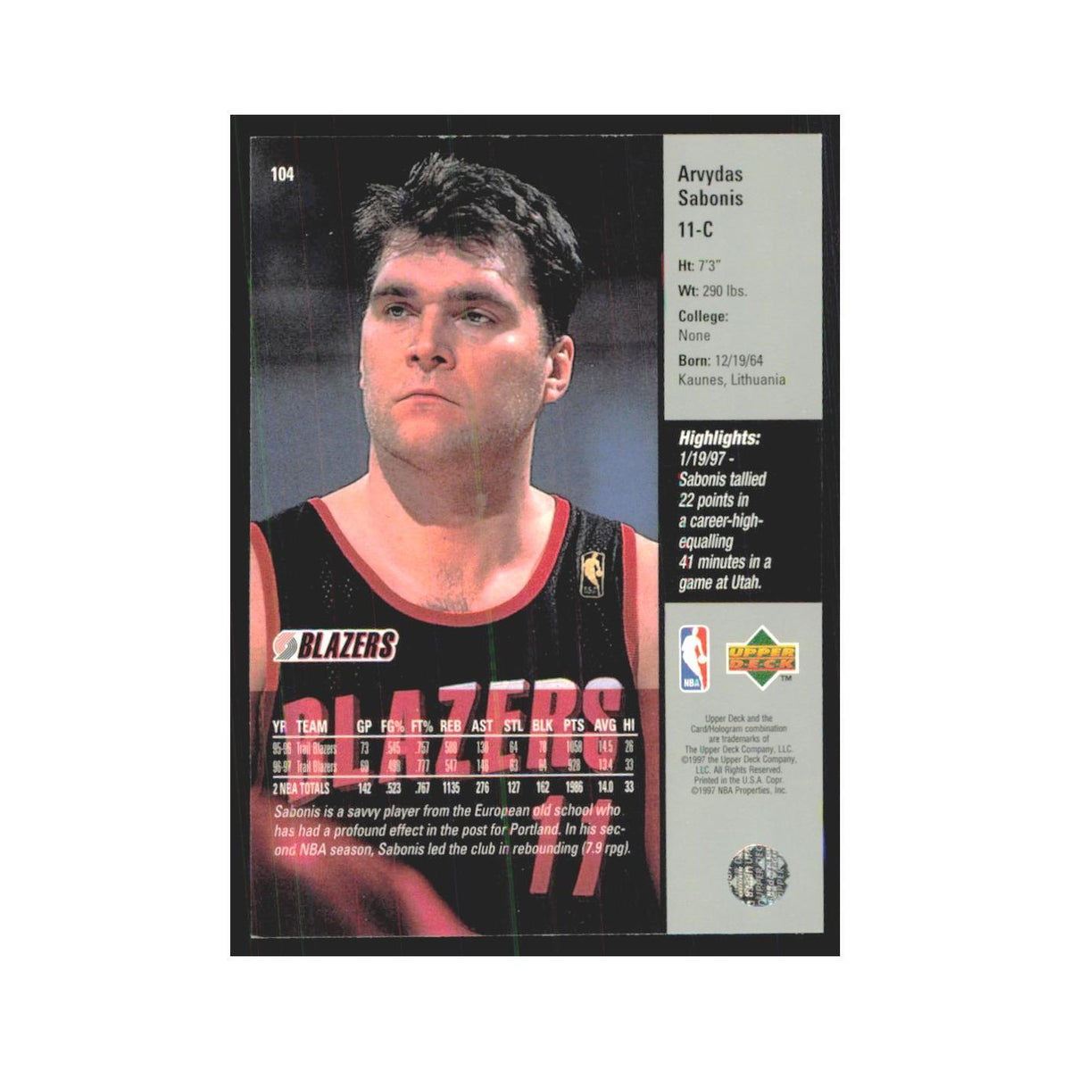 Arvydas Sabonis 1997 Upper Deck #104 Portland Trail Blazers Basketball Card NM