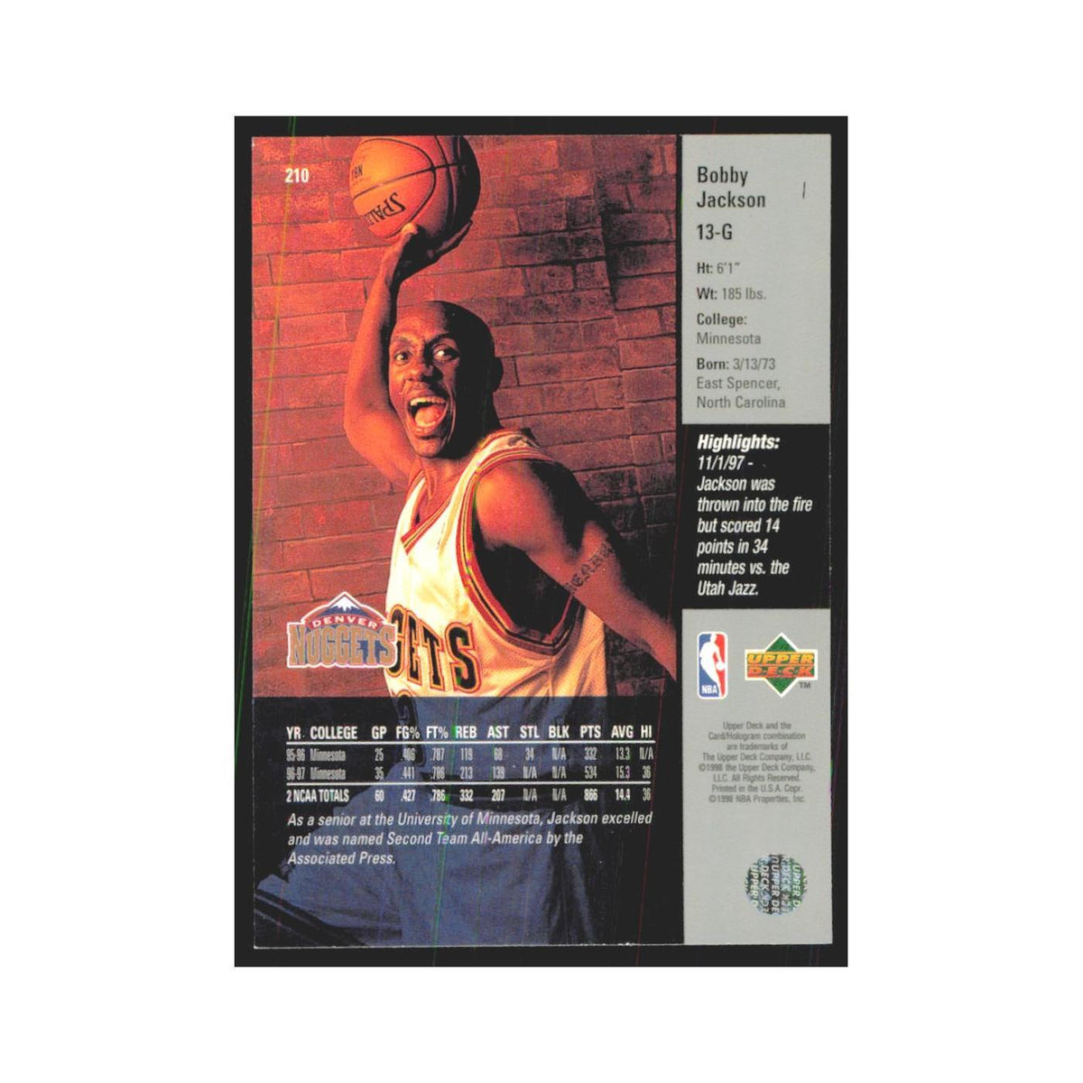 Bobby Jackson 1997 Upper Deck #210 Denver Nuggets Basketball Card NM