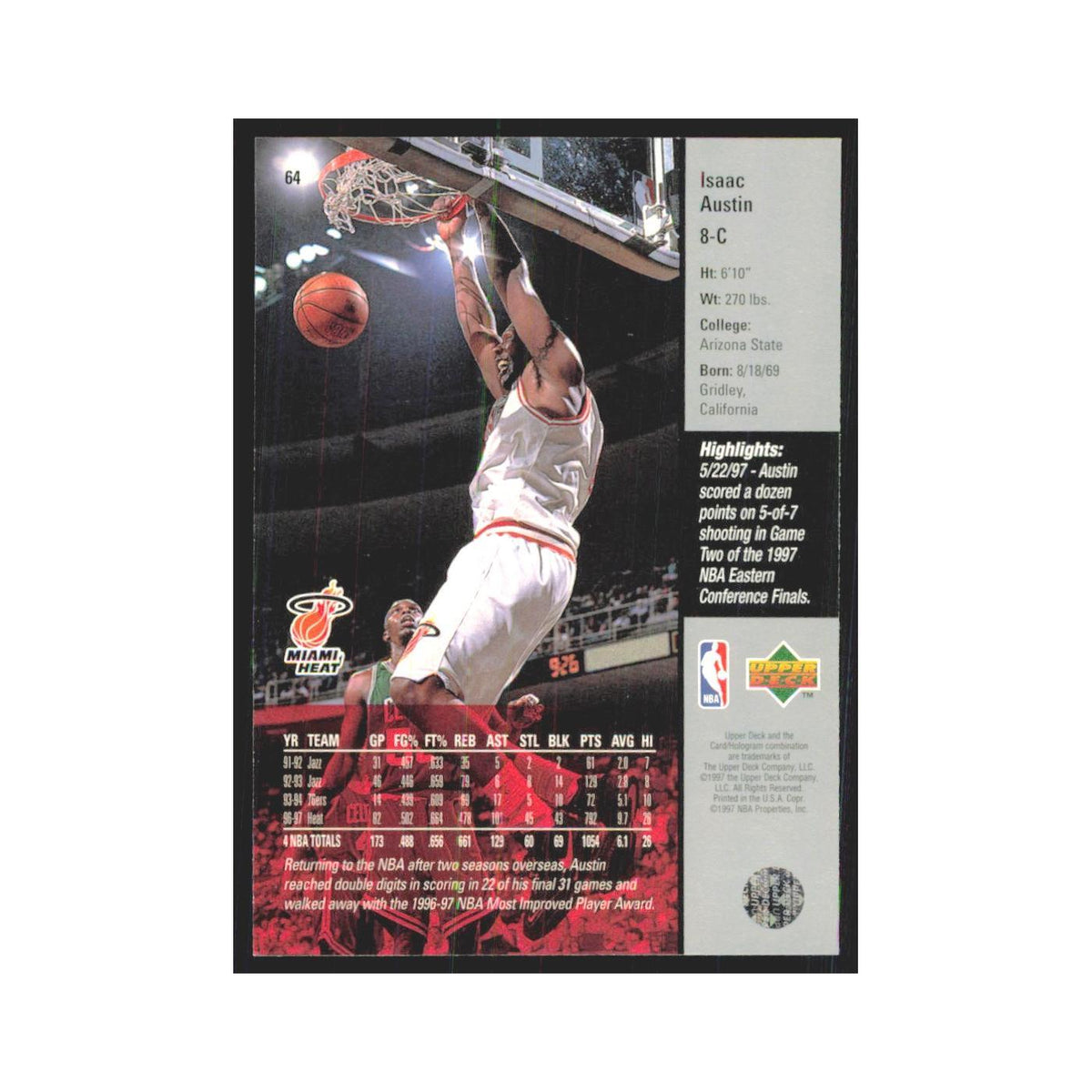 Isaac Austin 1997 Upper Deck #64 Miami Heat Basketball Card NM