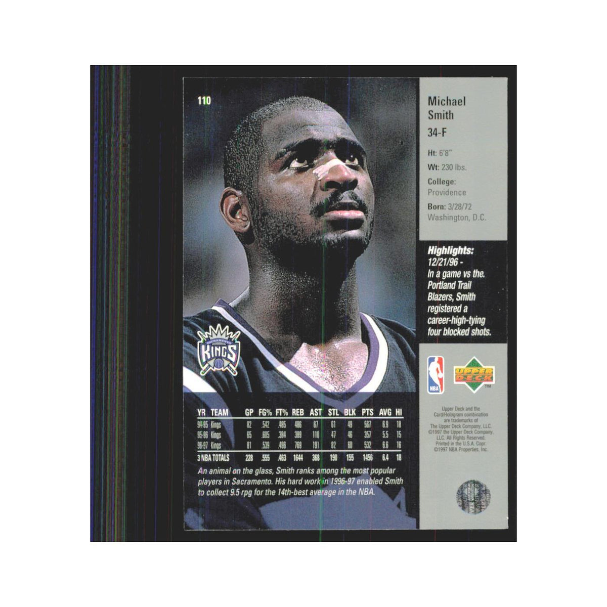 Michael Smith 1997 Upper Deck #110 Sacramento Kings Basketball Card NM