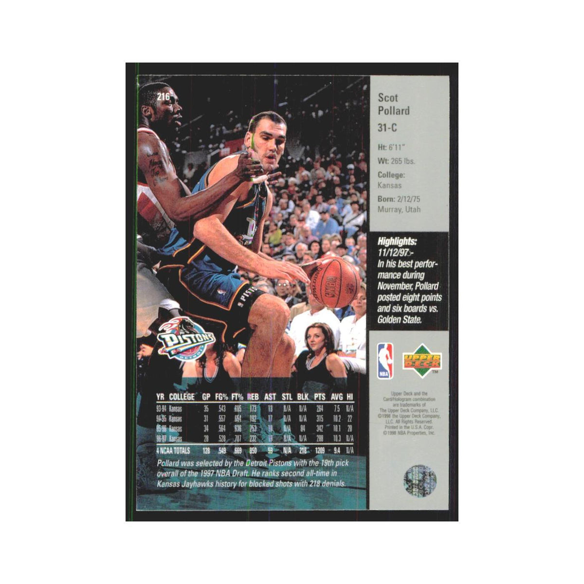 Scot Pollard 1997 Upper Deck #216 Detroit Pistons Basketball Card NM