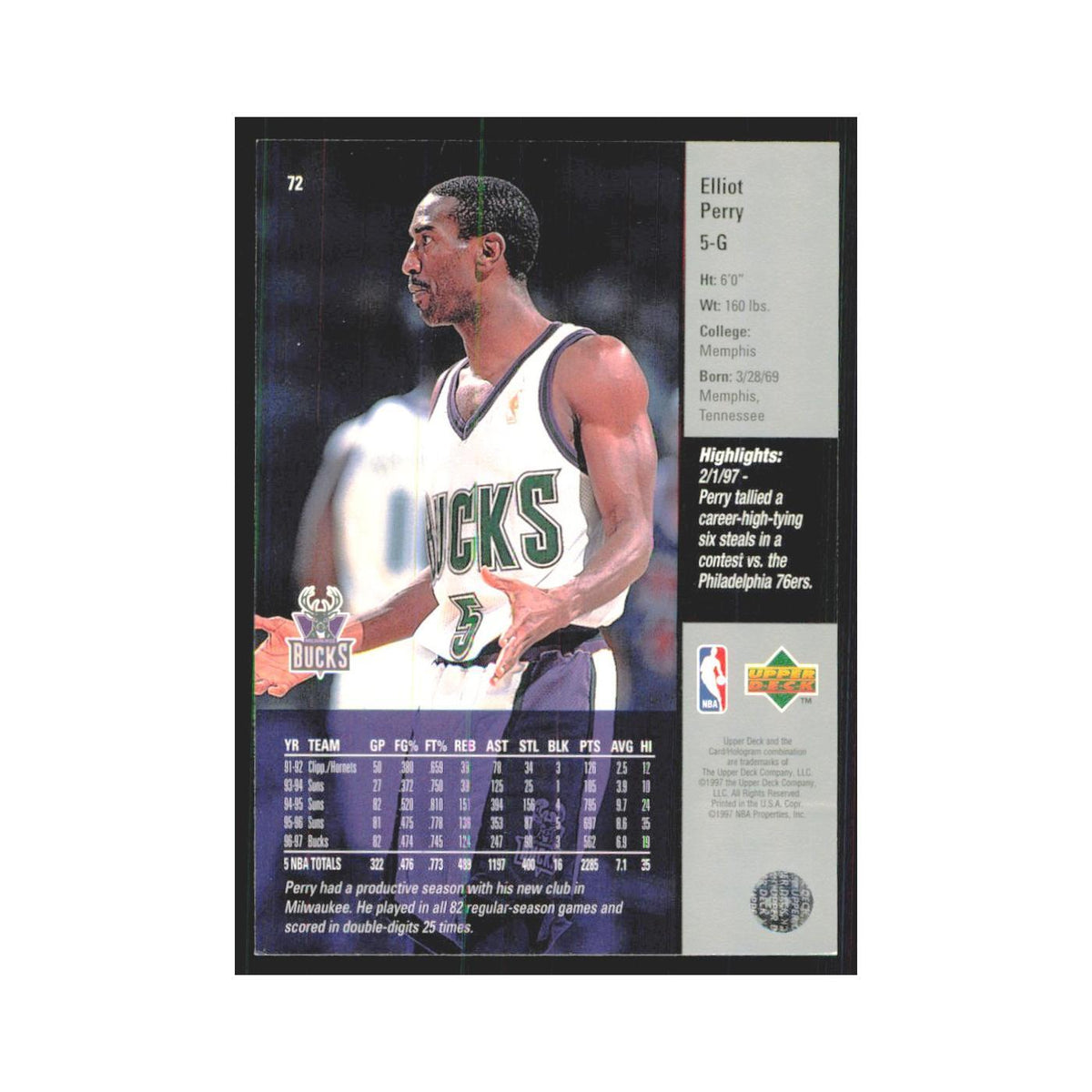 Elliot Perry 1997 Upper Deck #72 Milwaukee Bucks Basketball Card NM