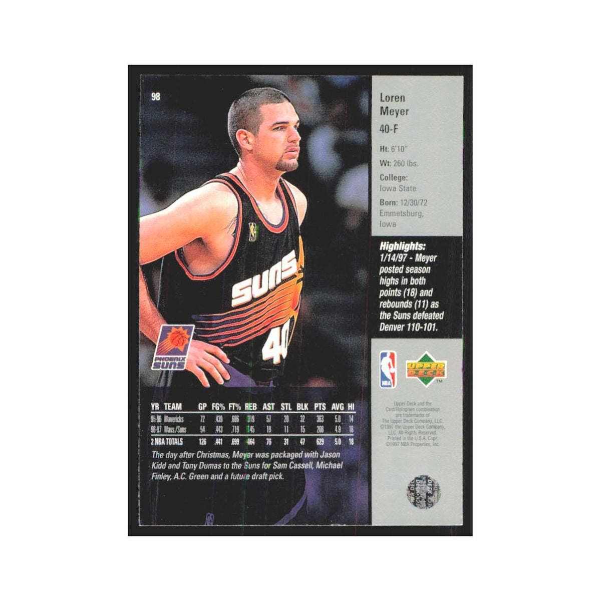 Loren Meyer 1997 Upper Deck #98 Phoenix Suns Basketball Card NM
