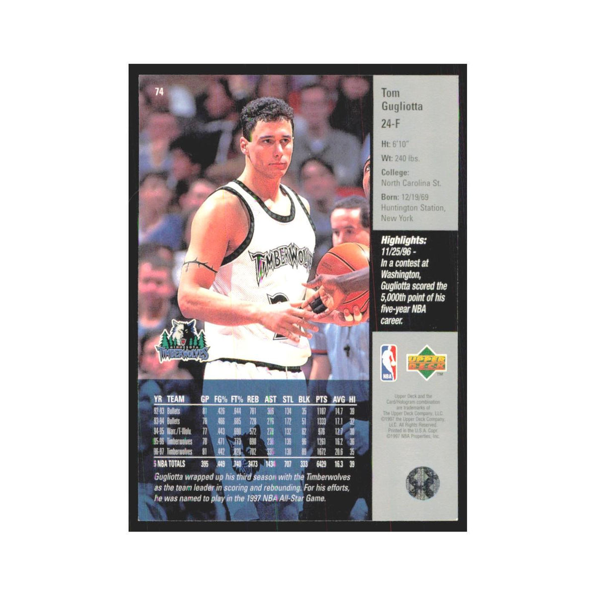 Tom Gugliotta 1997 Upper Deck #74 Minnesota Timberwolves Basketball Card NM