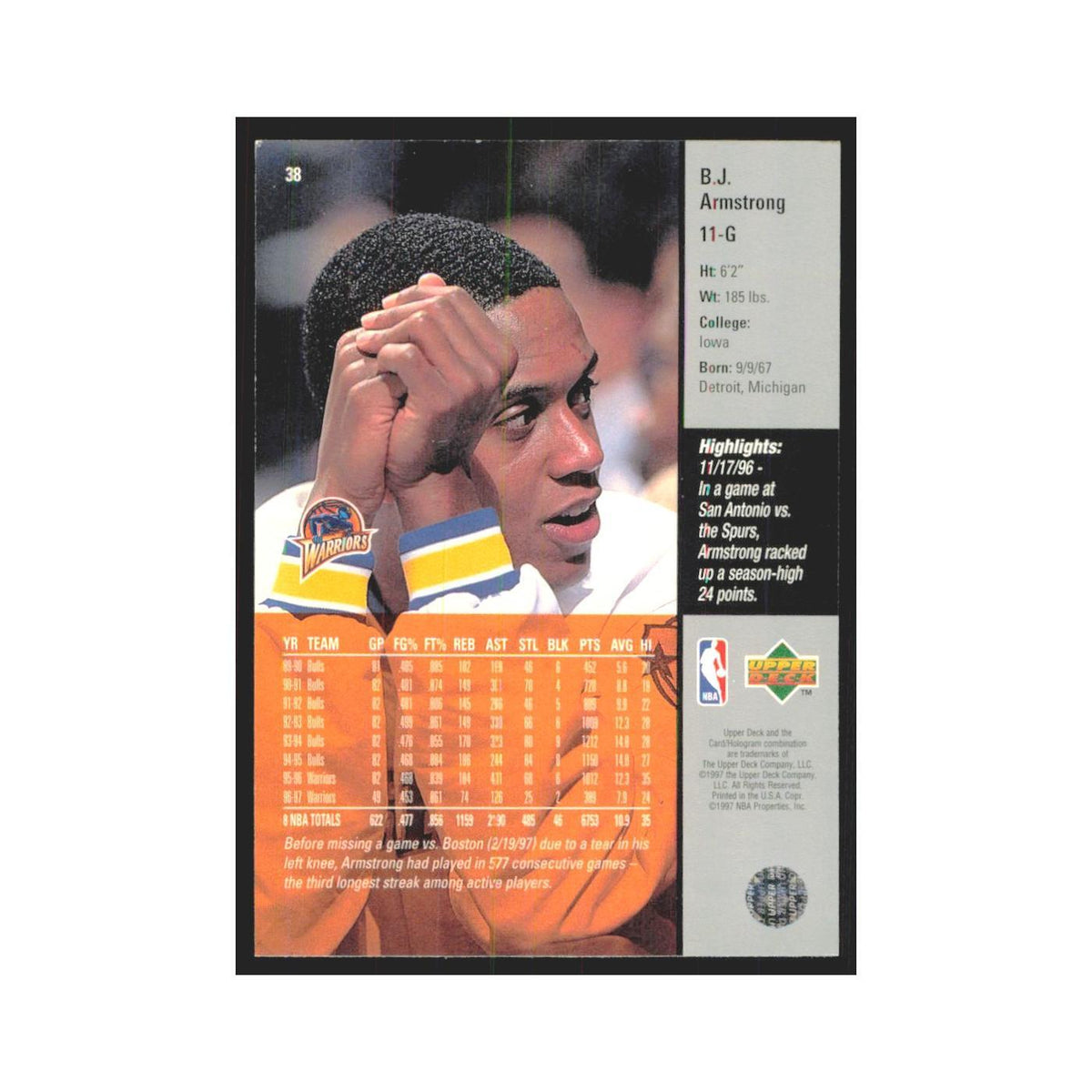 B.J. Armstrong 1997 Upper Deck #38 Golden State Warriors Basketball Card NM