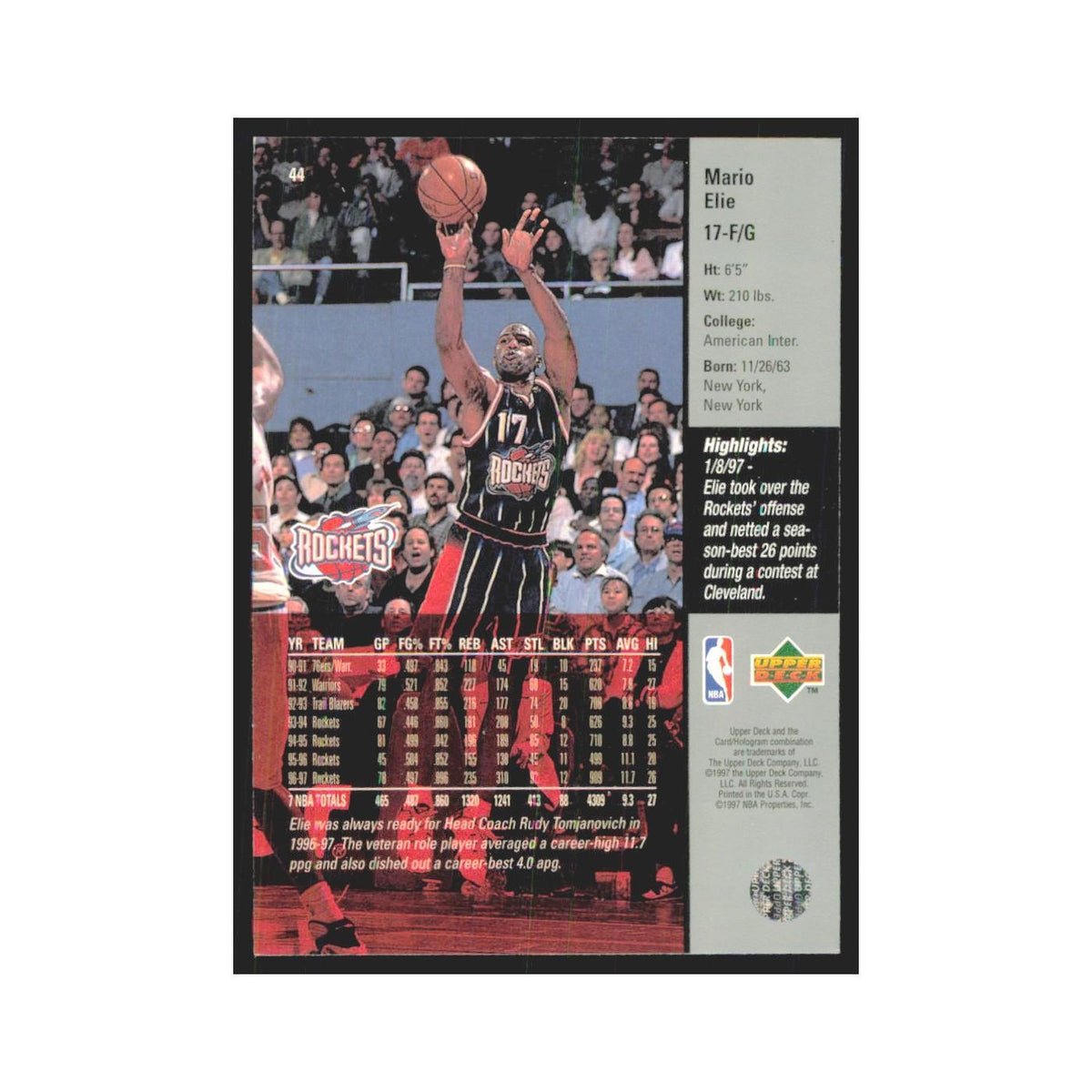 Mario Elie 1997 Upper Deck #44 Houston Rockets Basketball Card NM