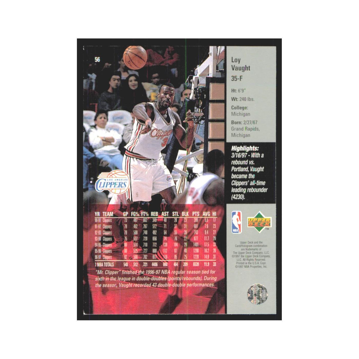 Loy Vaught 1997 Upper Deck #56 Los Angeles Clippers Basketball Card NM