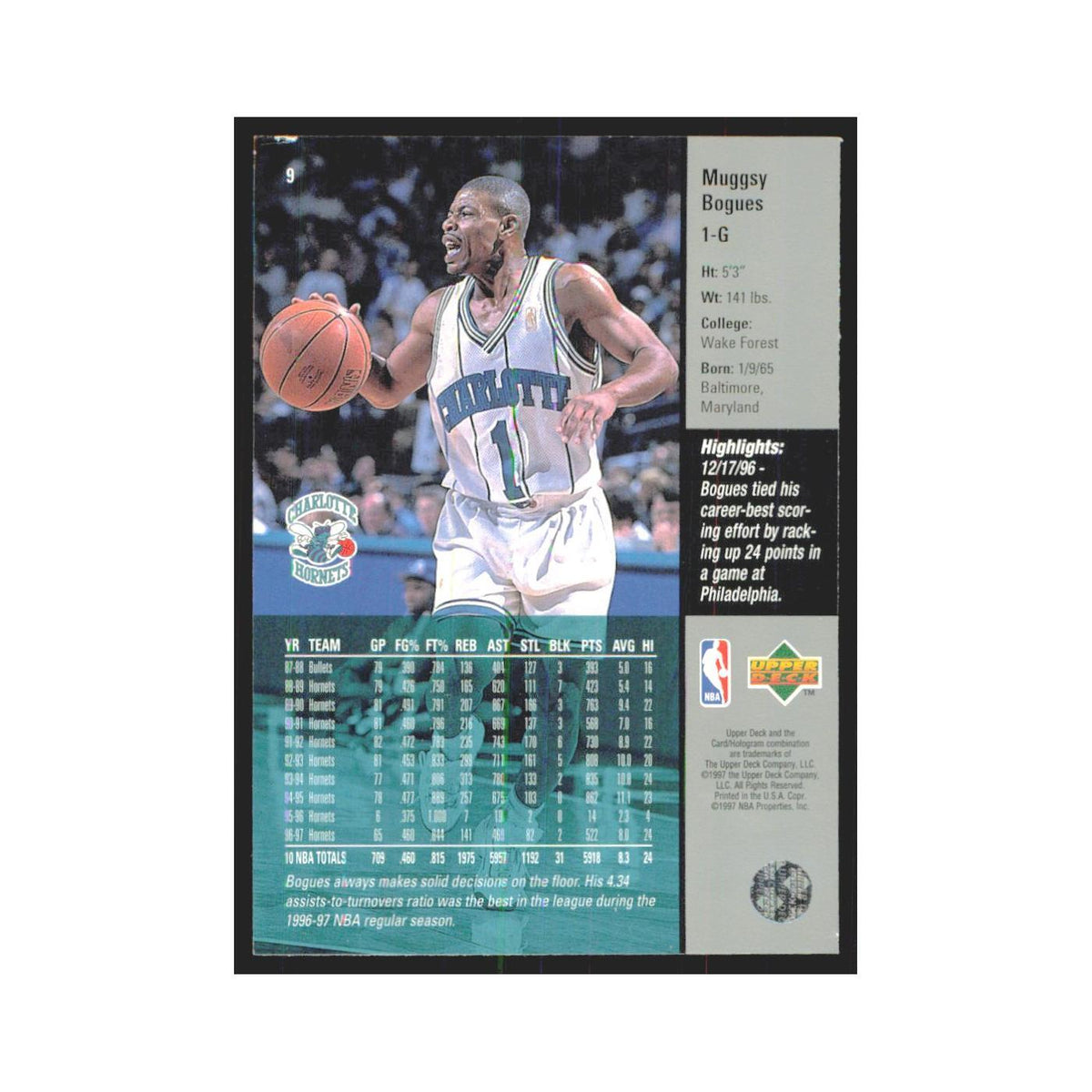Muggsy Bogues 1997 Upper Deck #9 Charlotte Hornets Basketball Card NM