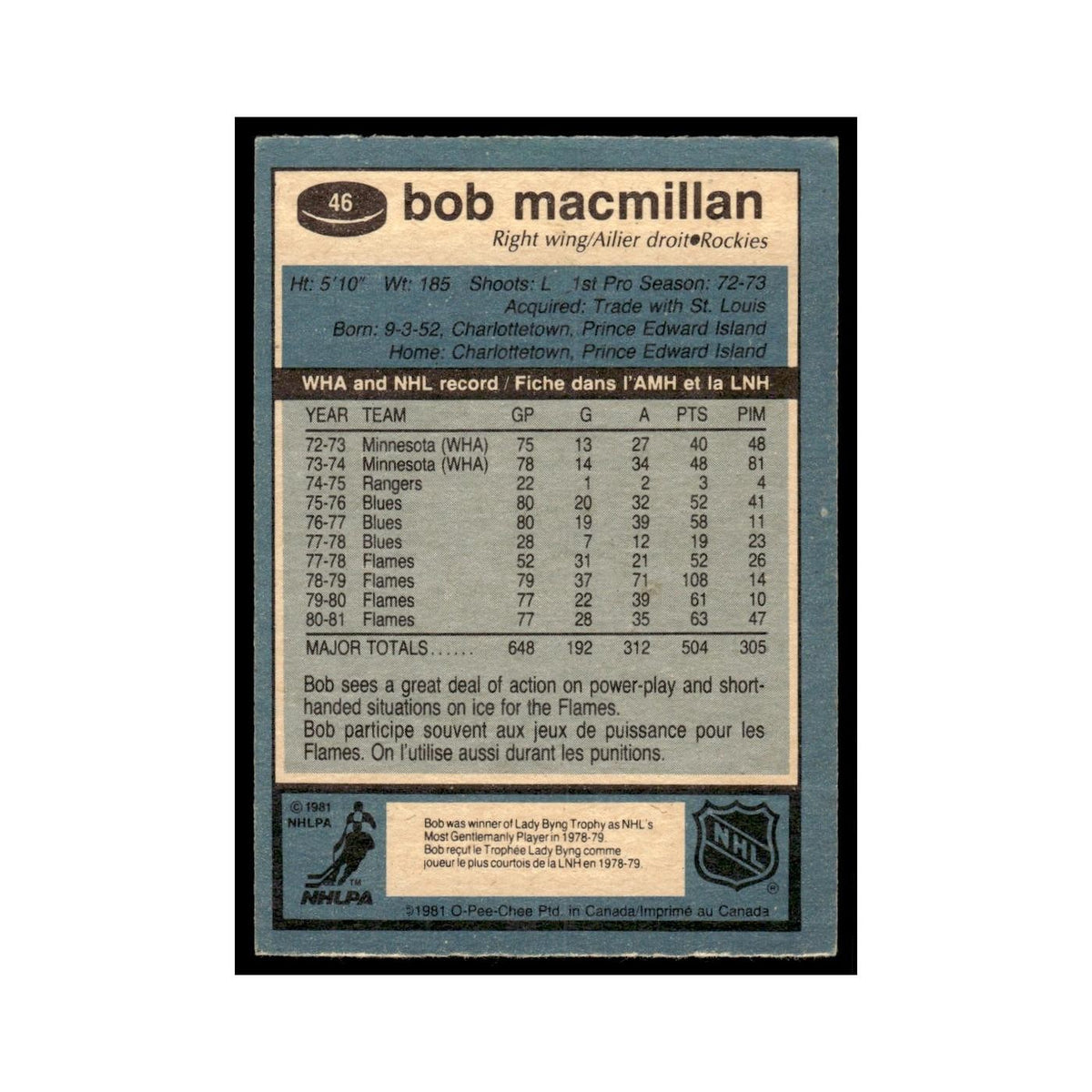 Bob MacMillan 1981 O-Pee-Chee #46 Colorado Rockies Hockey Card EX