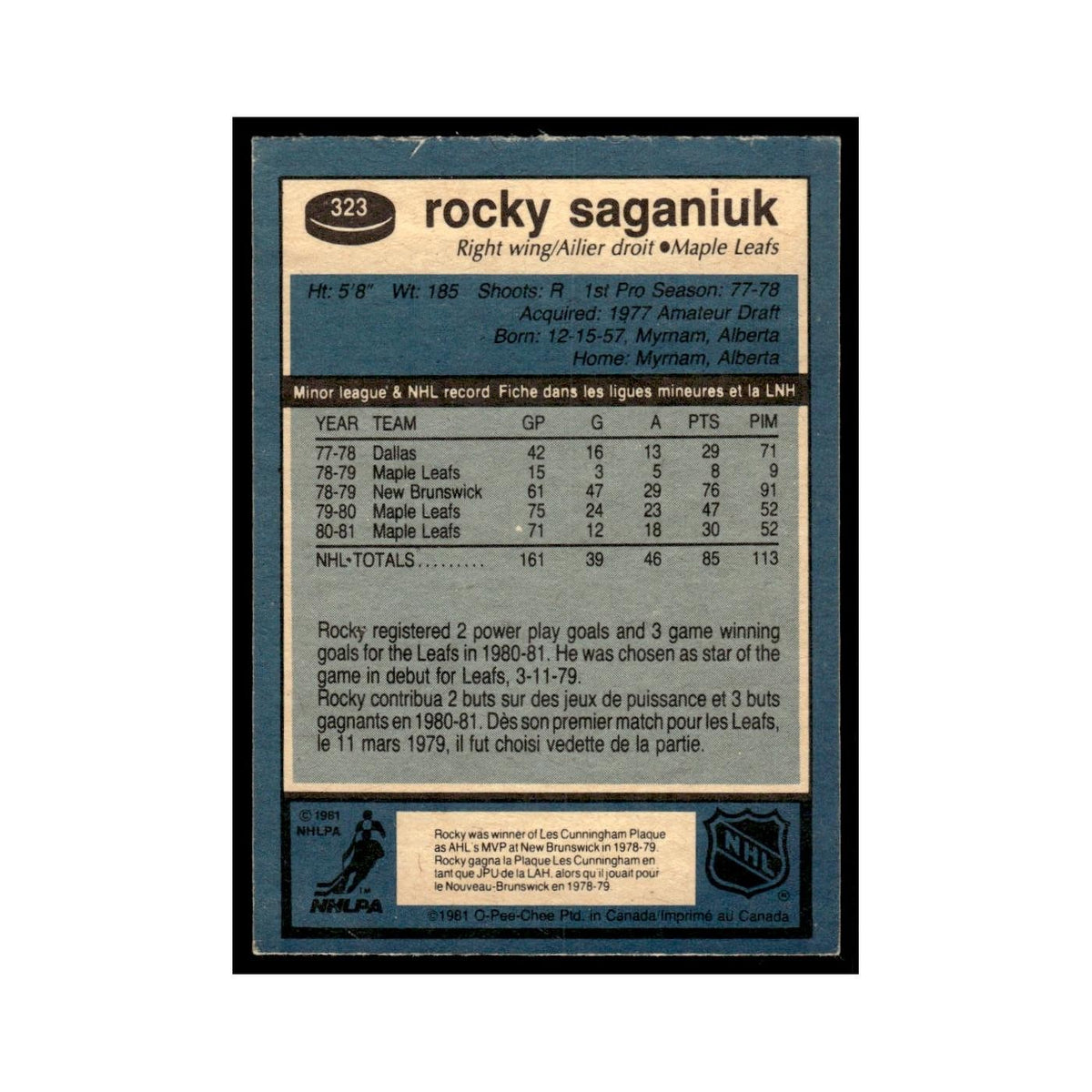 Rocky Saganiuk 1981 O-Pee-Chee (Damaged) #323 Toronto Maple Leafs Hockey Card VG