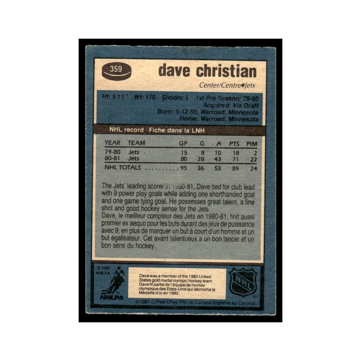 Dave Christian 1981 O-Pee-Chee (Damaged) #359 Winnipeg Jets Hockey Card VG