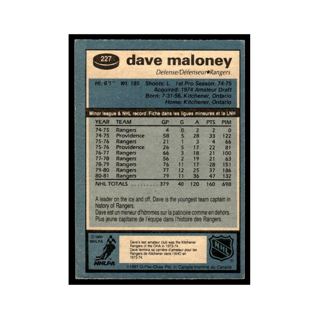 Dave Maloney 1981 O-Pee-Chee #227 New York Rangers Hockey Card EX