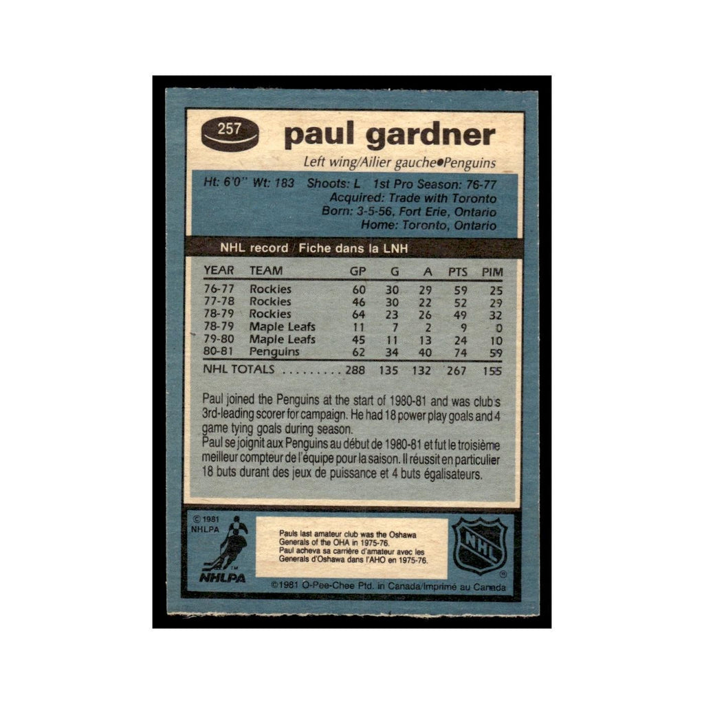Paul Gardner 1981 O-Pee-Chee #257 Pittsburgh Penguins Hockey Card EX