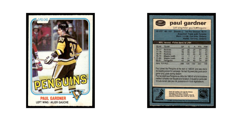 Paul Gardner 1981 O-Pee-Chee #257 Pittsburgh Penguins Hockey Card EX