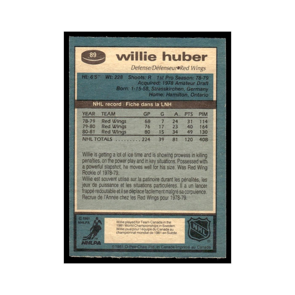 Willie Huber 1981 O-Pee-Chee #89 Detroit Red Wings Hockey Card EX