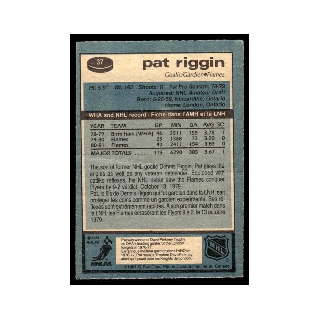 Pat Riggin Rookie 1981 O-Pee-Chee (Damaged) #37 Calgary Flames Hockey Card Poor