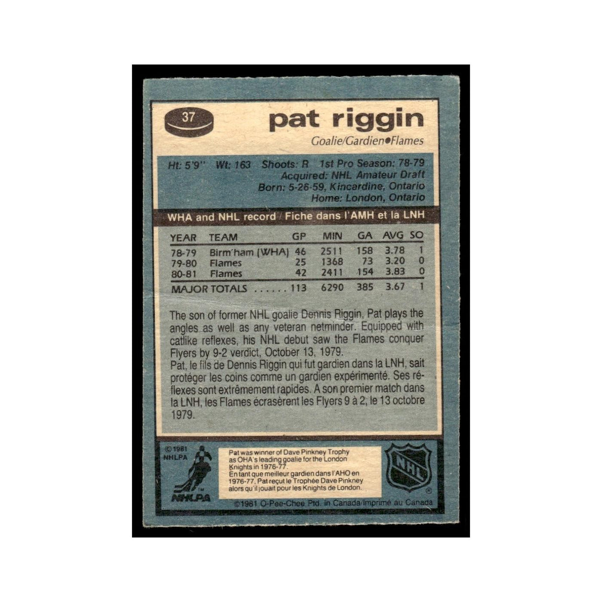 Pat Riggin Rookie 1981 O-Pee-Chee (Damaged) #37 Calgary Flames Hockey Card Poor