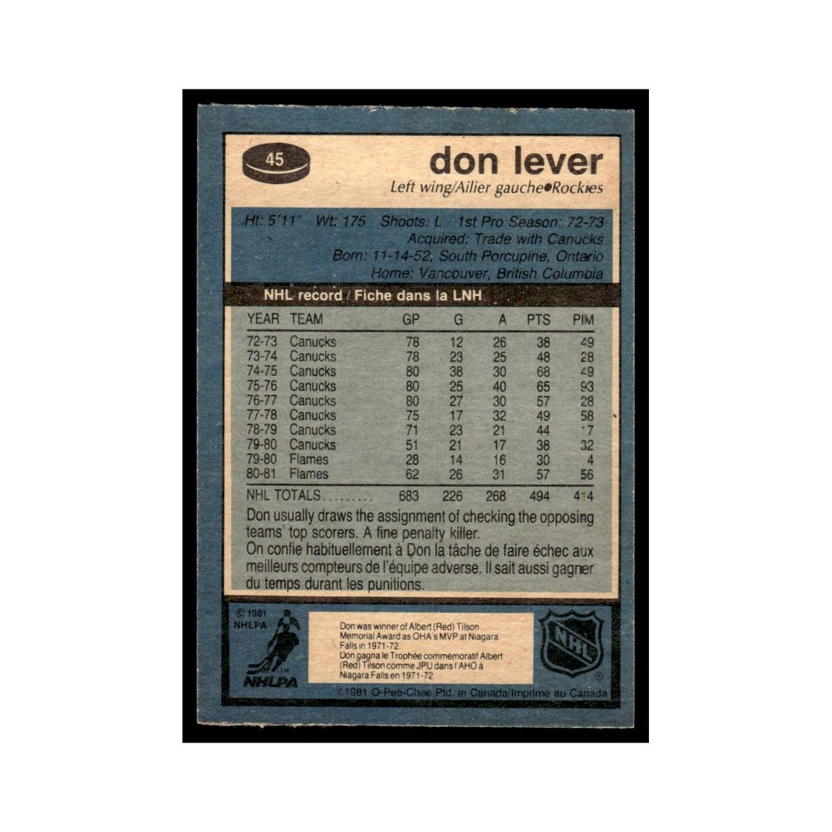 Don Lever 1981 O-Pee-Chee #45 Colorado Rockies Hockey Card EX