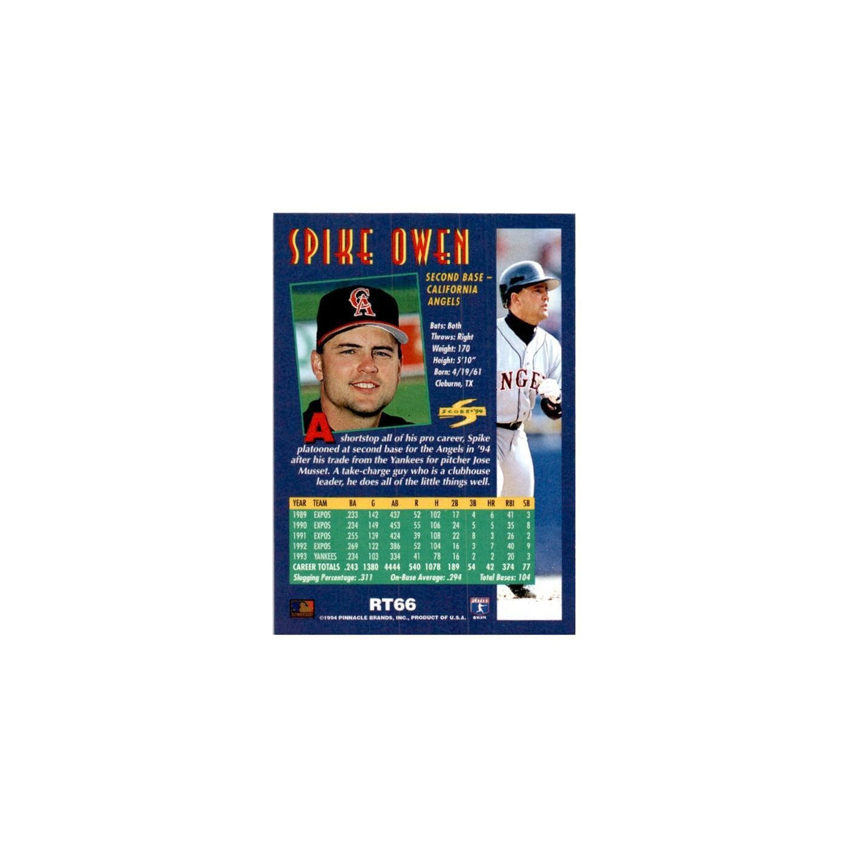 Spike Owen 1994 Score Rookie & Traded #RT66 California Angels Baseball Card NM