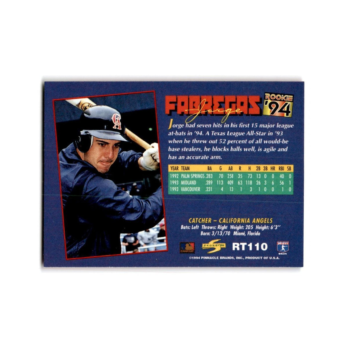 Jorge Fabregas Rookie 1994 Score Rookie & Traded #RT110 California Angels NM