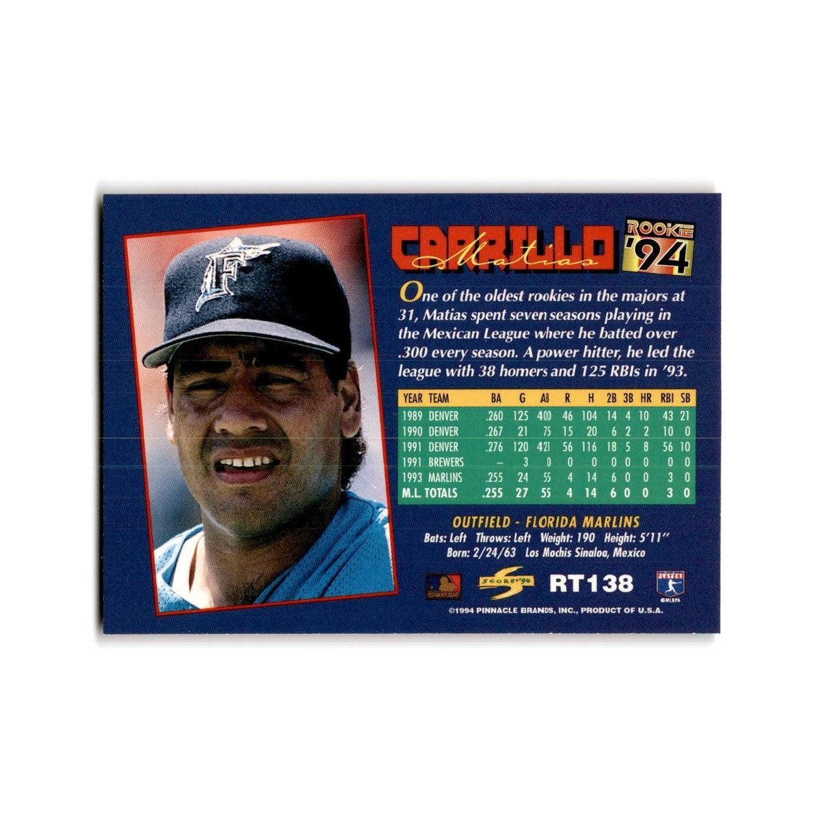 Matias Carrillo Rookie 1994 Score Rookie & Traded #RT138 Florida Marlins NM