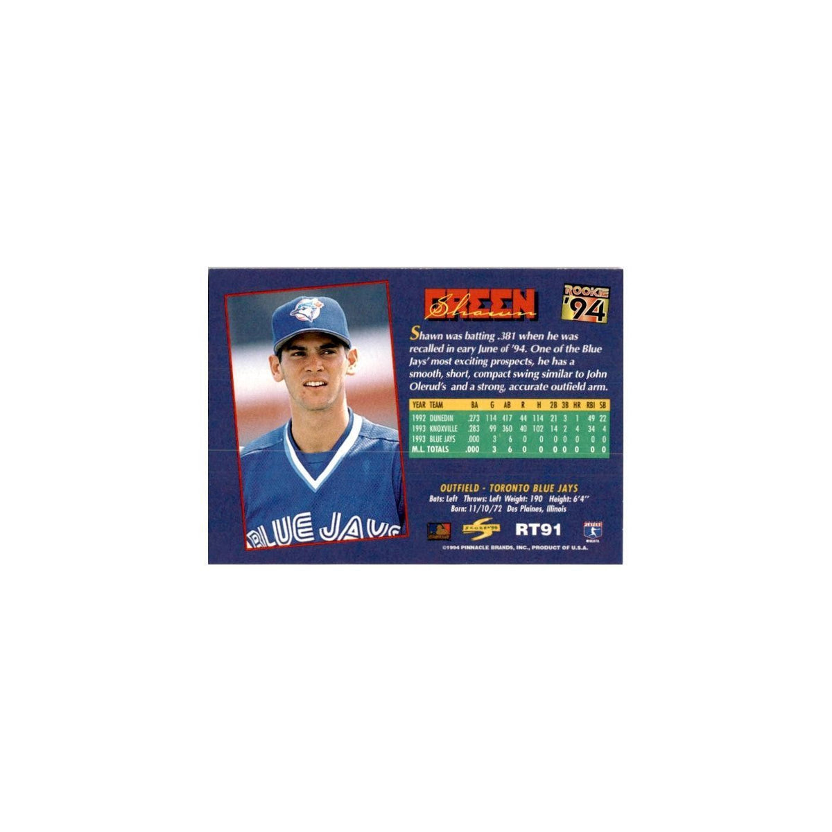 Shawn Green Rookie 1994 Score Rookie & Traded #RT91 Toronto Blue Jays NM