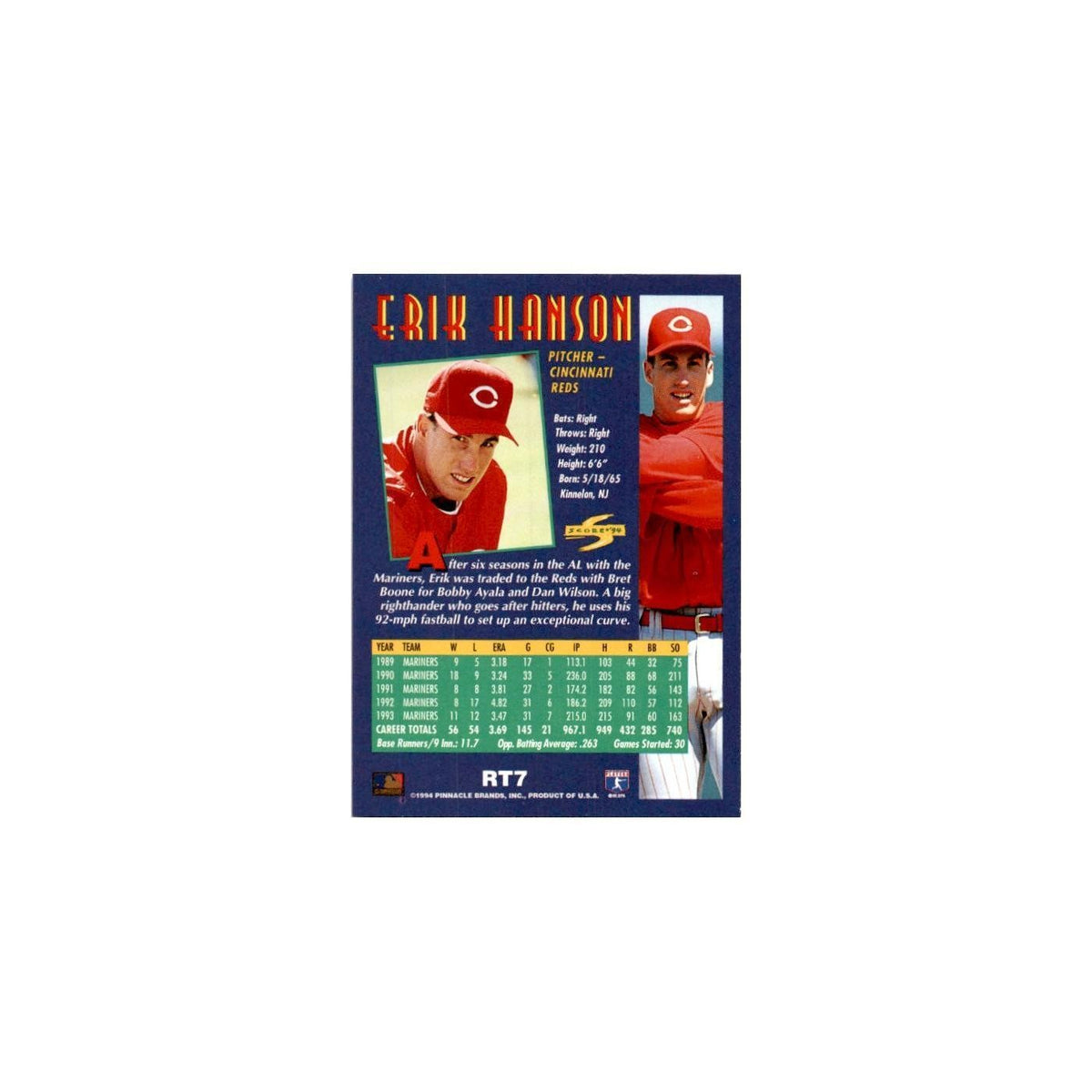 Erik Hanson 1994 Score Rookie & Traded #RT7 Cincinnati Reds Baseball Card NM