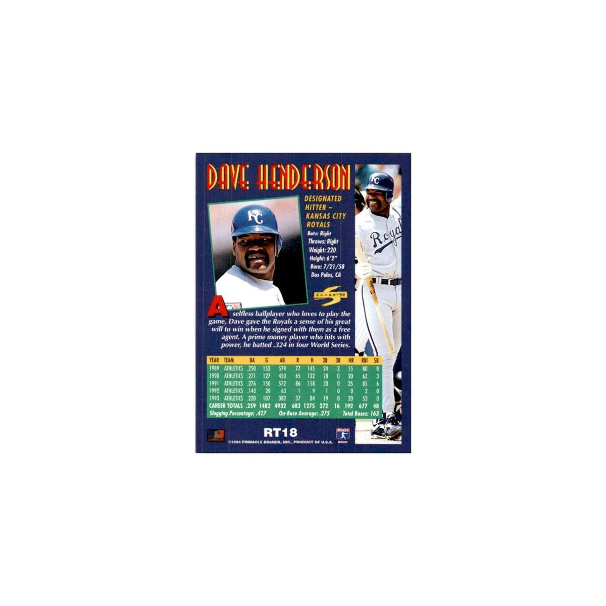 Dave Henderson 1994 Score Rookie & Traded #RT18 Kansas City Royals NM