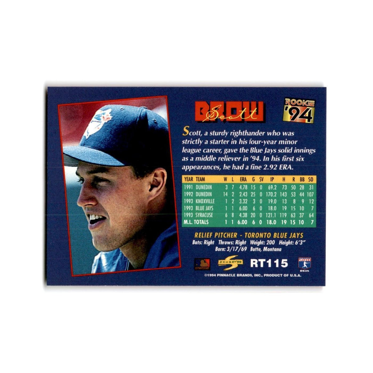 Scott Brow Rookie 1994 Score Rookie & Traded #RT115 Toronto Blue Jays NM