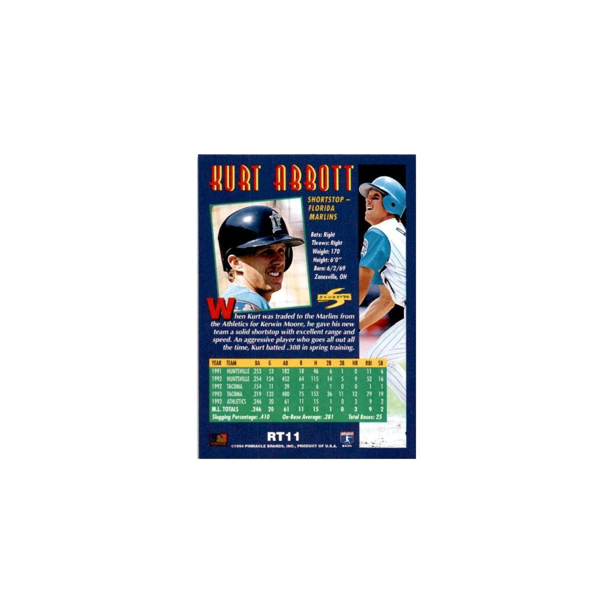 Kurt Abbott 1994 Score Rookie & Traded #RT11 Florida Marlins Baseball Card NM