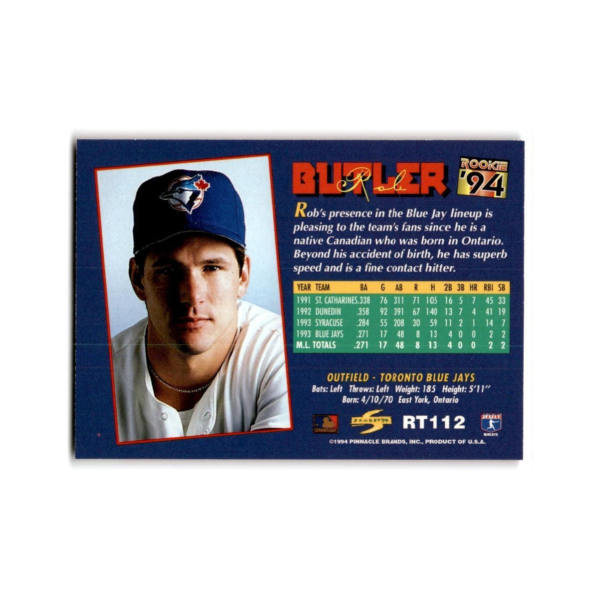 Rob Butler Rookie 1994 Score Rookie & Traded #RT112 Toronto Blue Jays NM