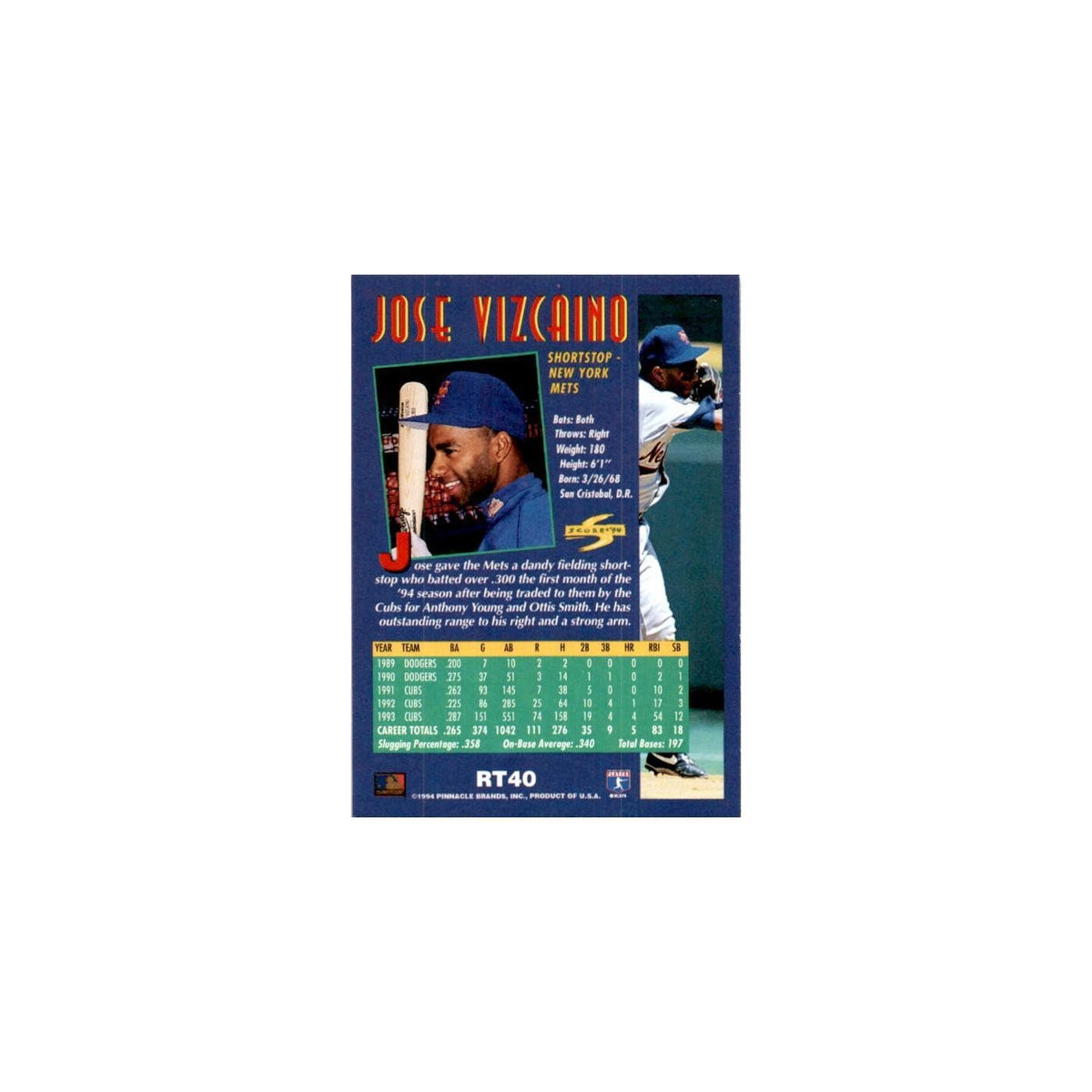 Jose Vizcaino 1994 Score Rookie & Traded #RT40 New York Mets Baseball Card NM