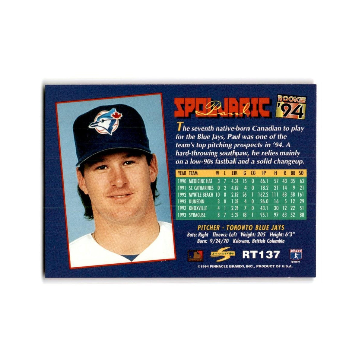 Paul Spoljaric Rookie 1994 Score Rookie & Traded #RT137 Toronto Blue Jays NM