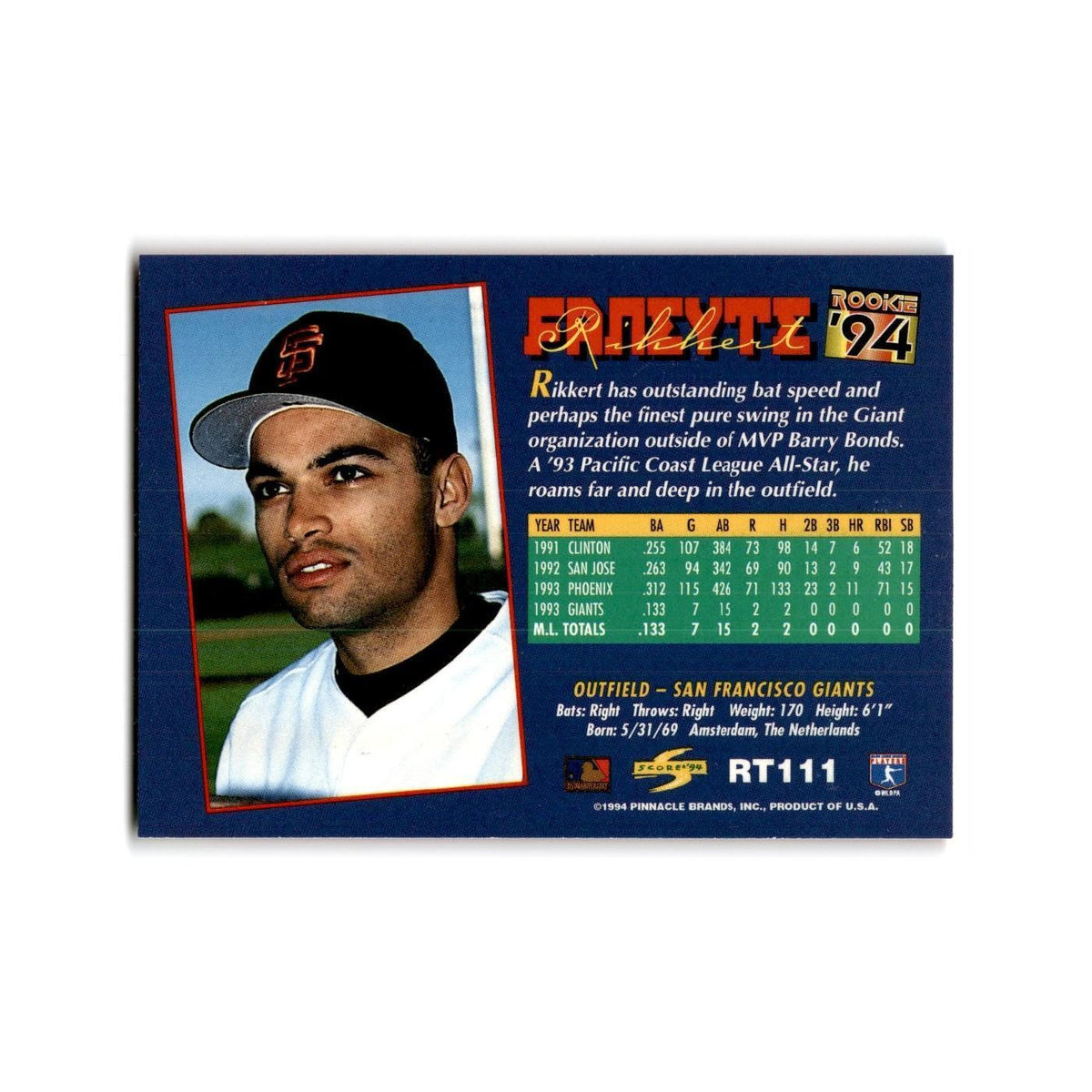 Rikkert Faneyte Rookie 1994 Score Rookie & Traded #RT111 San Francisco Giants NM