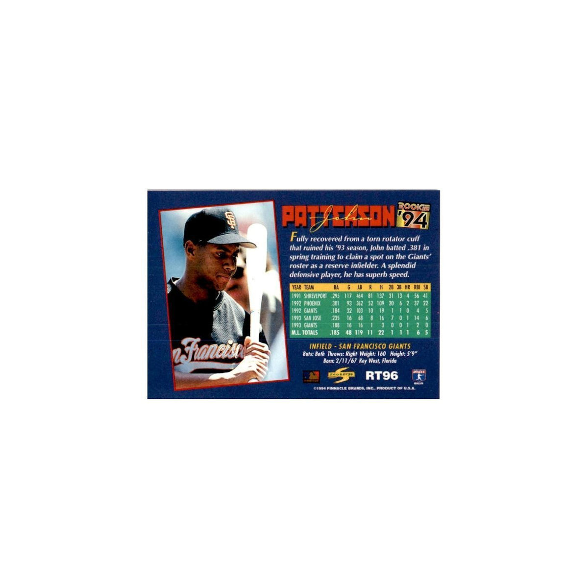 John Patterson Rookie 1994 Score Rookie & Traded #RT96 San Francisco Giants NM