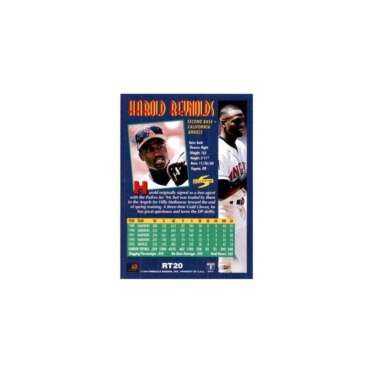 Harold Reynolds 1994 Score Rookie & Traded #RT20 California Angels NM