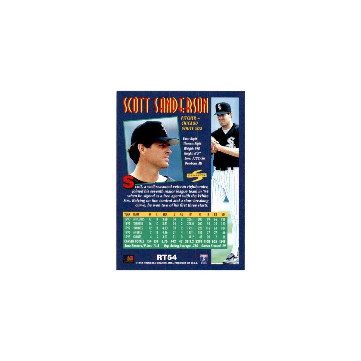 Scott Sanderson 1994 Score Rookie & Traded #RT54 Chicago White Sox NM