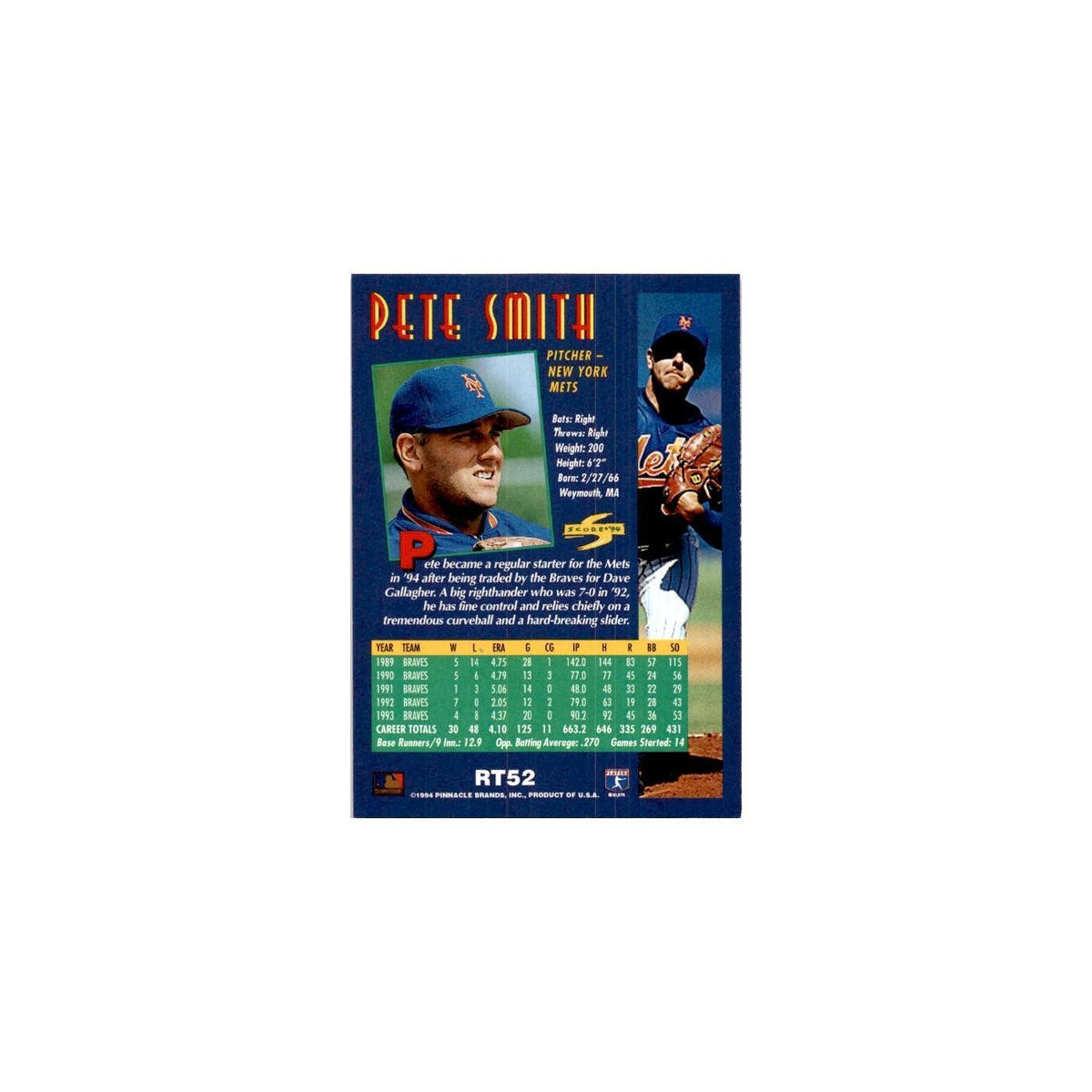 Pete Smith 1994 Score Rookie & Traded #RT52 New York Mets Baseball Card NM