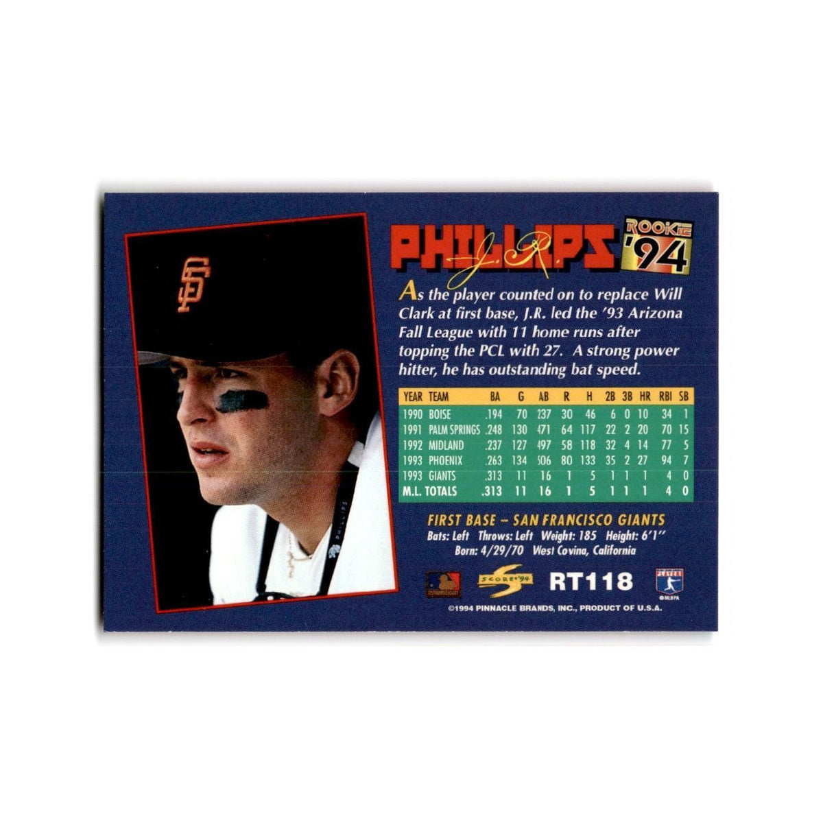 J.R. Phillips Rookie 1994 Score Rookie & Traded #RT118 San Francisco Giants NM