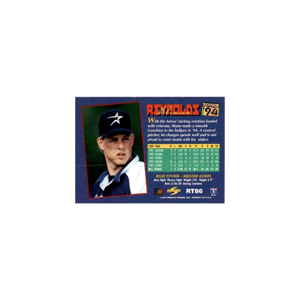 Shane Reynolds Rookie 1994 Score Rookie & Traded #RT86 Houston Astros NM