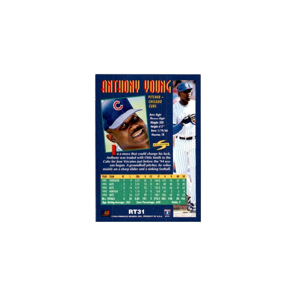 Anthony Young 1994 Score Rookie & Traded #RT31 Chicago Cubs Baseball Card NM