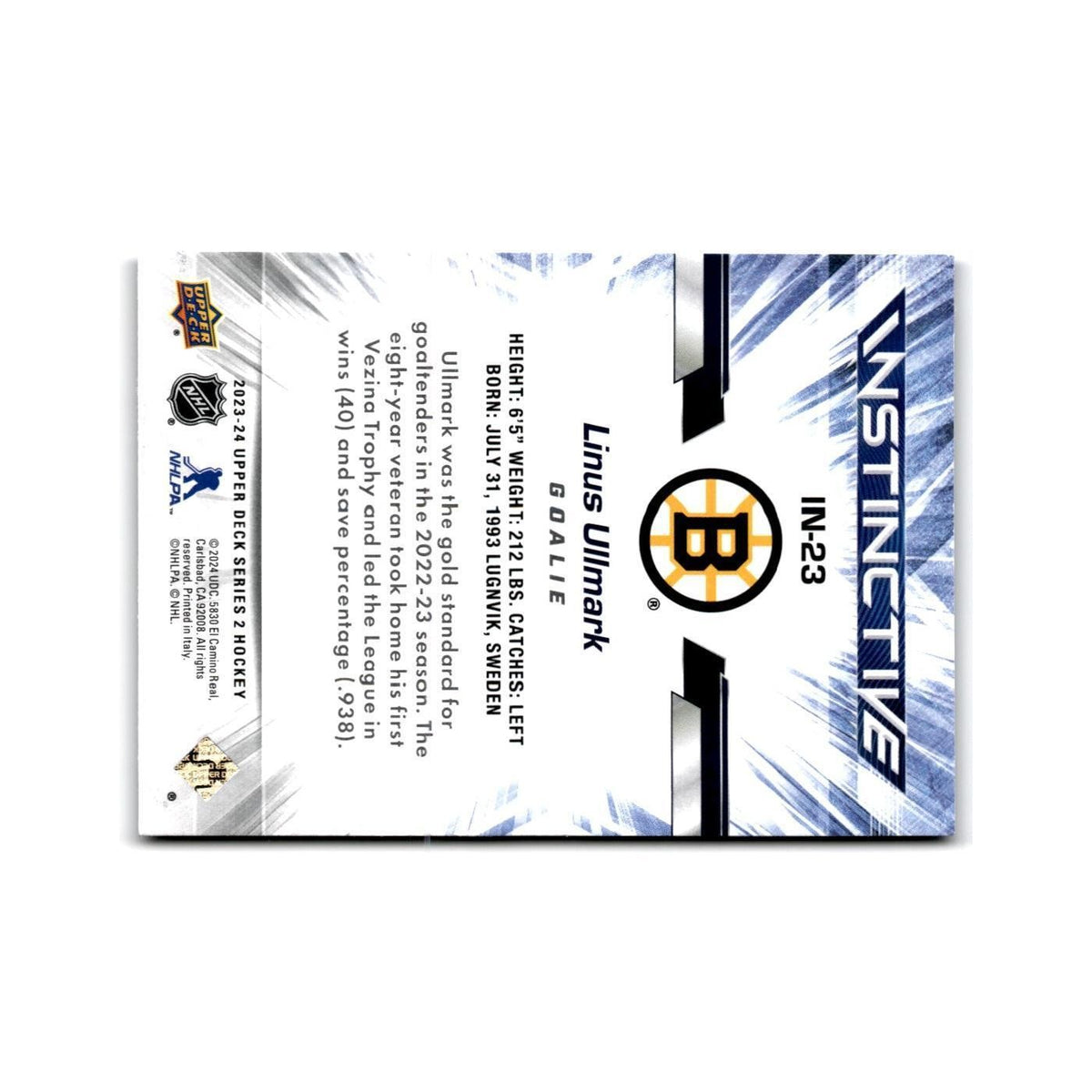 2023 Upper Deck Instinctive Linus Ullmark Boston Bruins #IN-23
