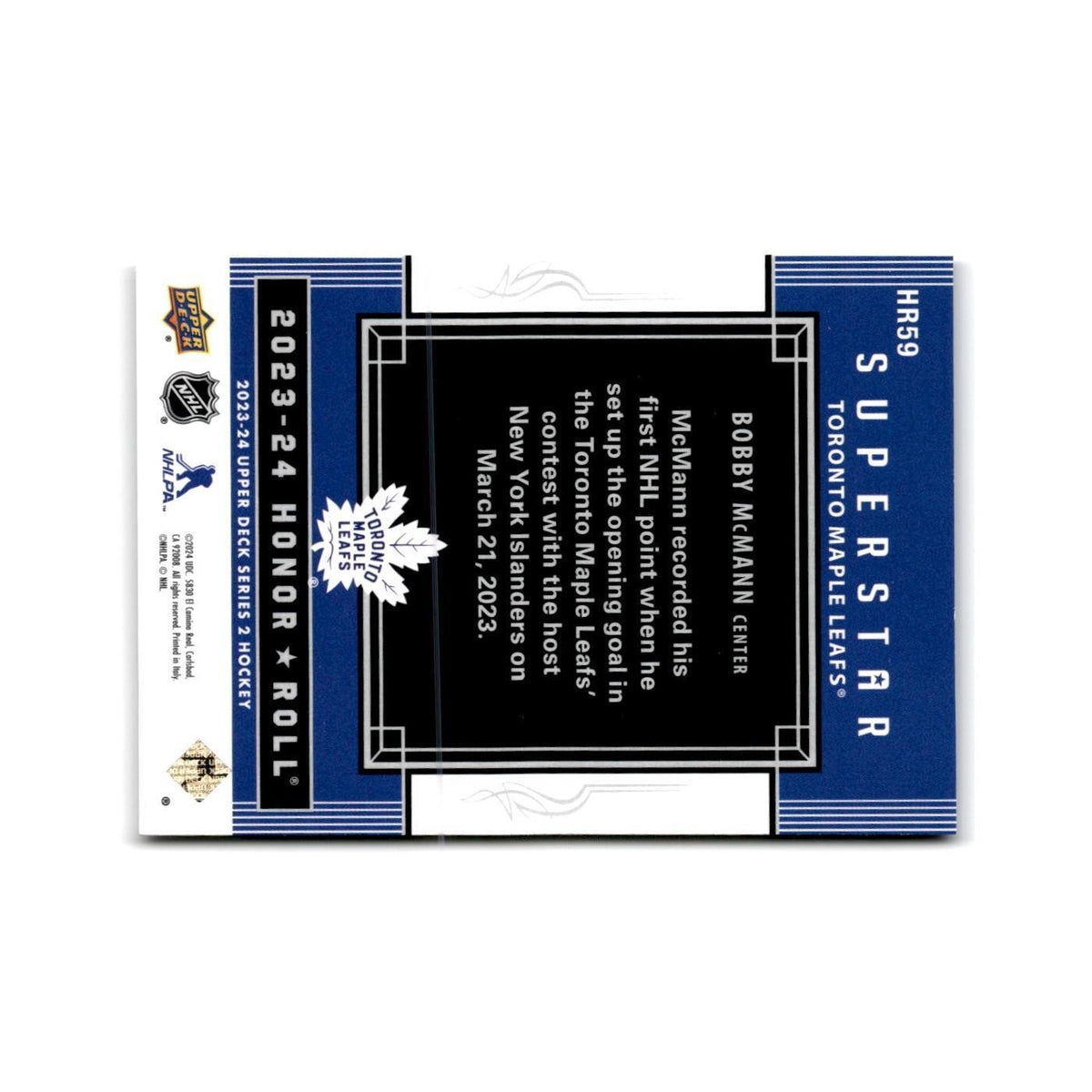 2023 Upper Deck Honor Roll Bobby McMann Toronto Maple Leafs #HR59