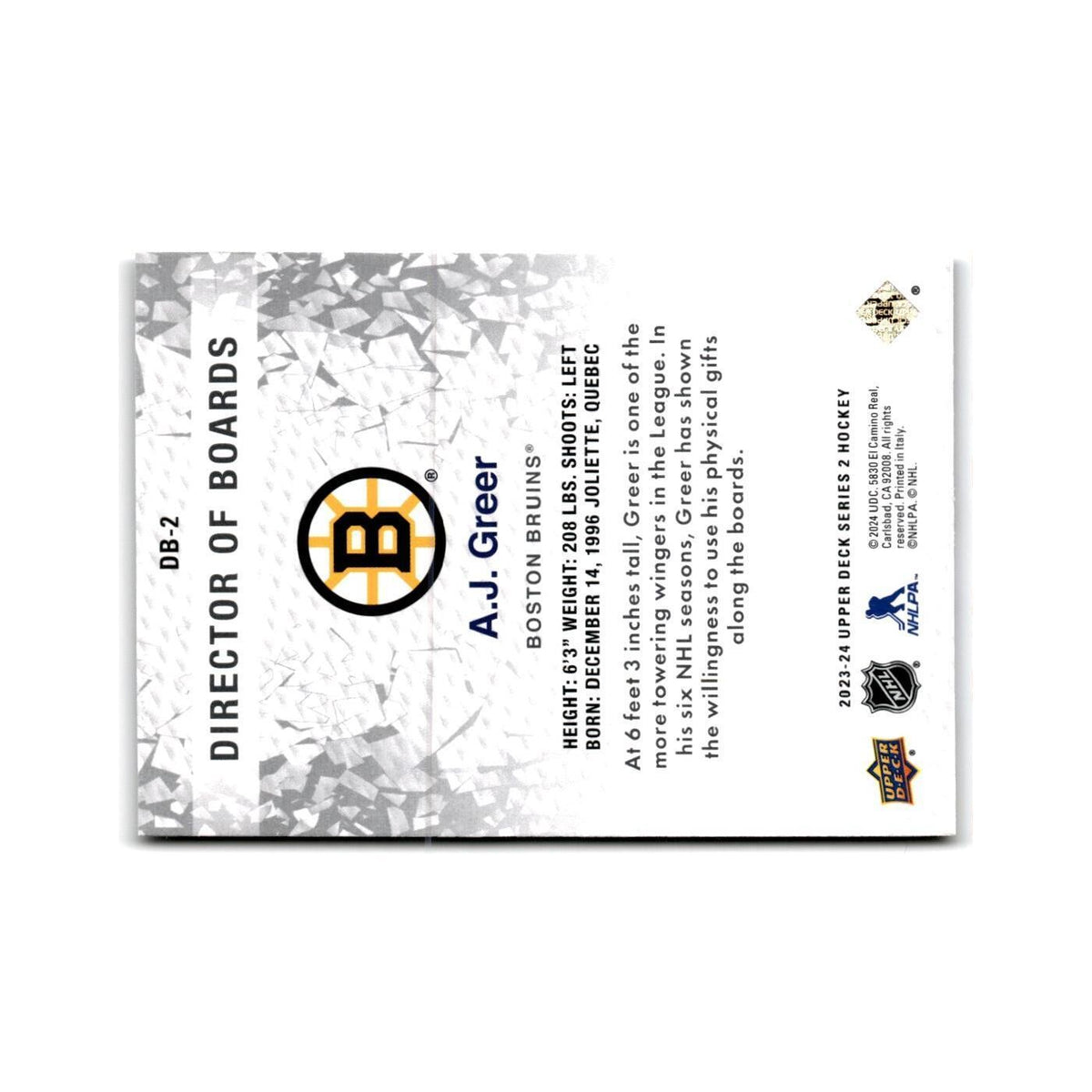 2023 Upper Deck Director of Boards A.J. Greer Boston Bruins #DB-2