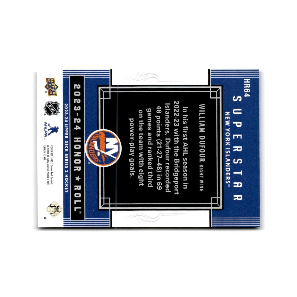 2023 Upper Deck Honor Roll William Dufour New York Islanders #HR64