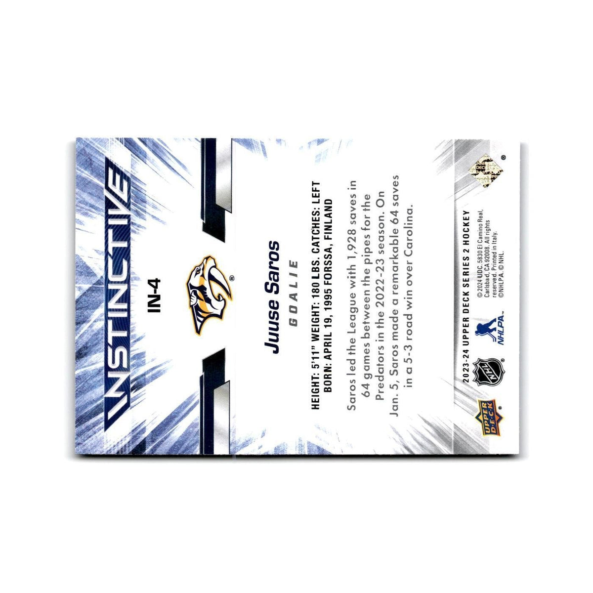 2023 Upper Deck Instinctive Juuse Saros Nashville Predators #IN-4