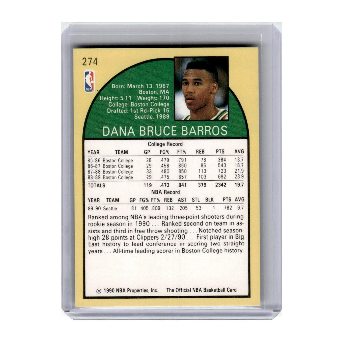 1990 Hoops Dana Barros RC Seattle SuperSonics #274